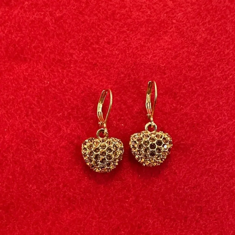 Joan Rivers Vintage Stamped Gold Amber Crystal Heart Drop Earrings